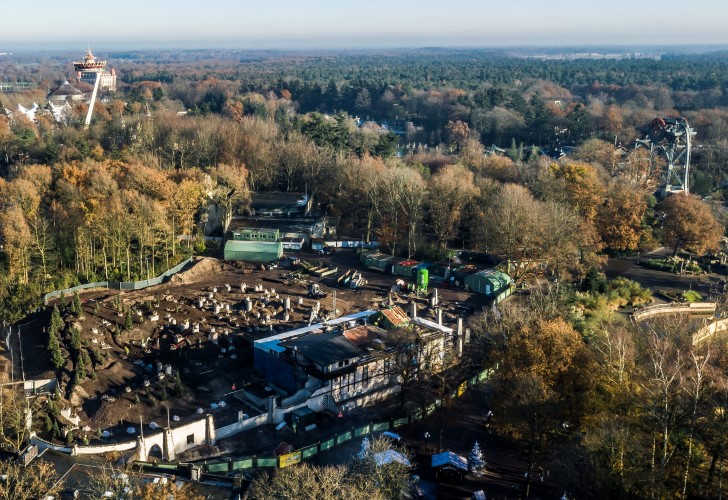 Dronebeeld bouwplaats Max & Moritz Efteling